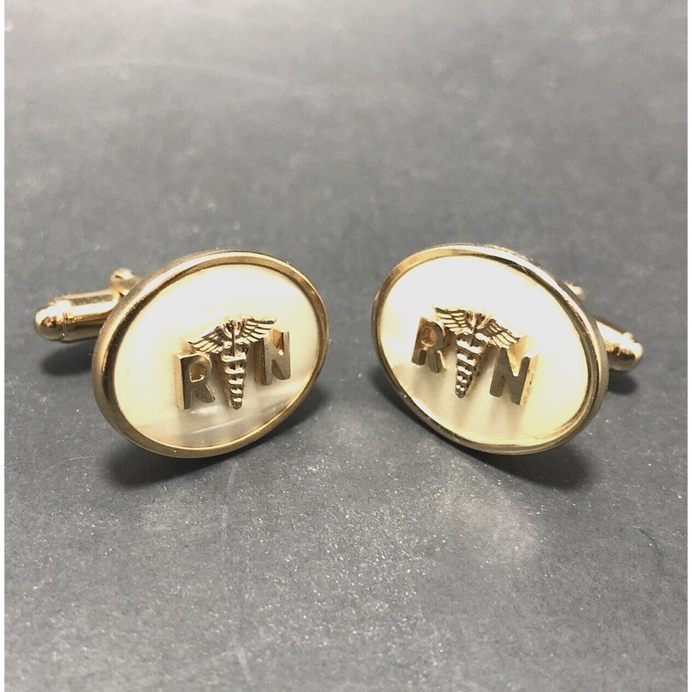 Cuff Links Registered Nurse "RN" Caduceus Wing Emblem Mother Of Pearl Vintage